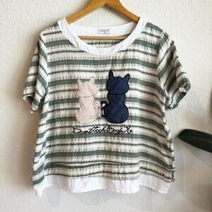 FM2050 Seoul South Korea Cat Embroidered Shirt OS Oversized Gauzy Lagenlook Art